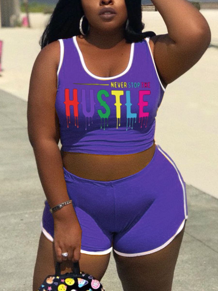 

Lovely Plus Size Sporty U Neck Letter Print Purple Two-piece Shorts Set
