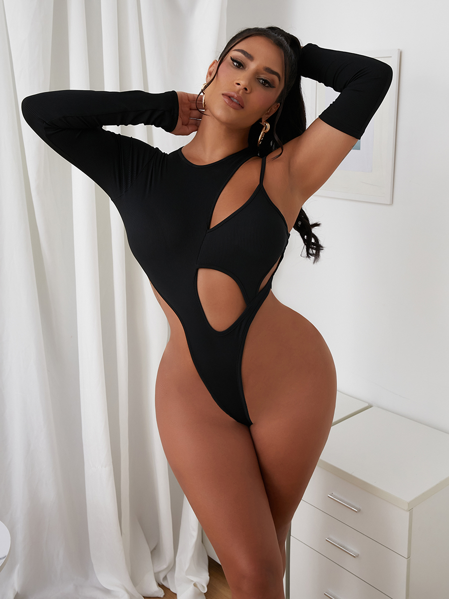 

LW SXY Hollow-out Basic Skinny Black Bodysuit