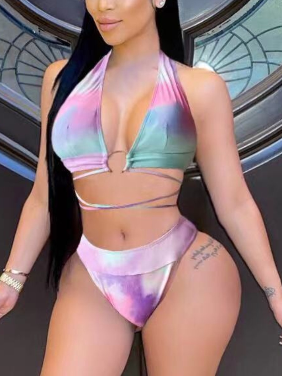 

Lovely Boho Tie-dye Hollow-out Multicolor Two-piece Swimsuit, Multi
