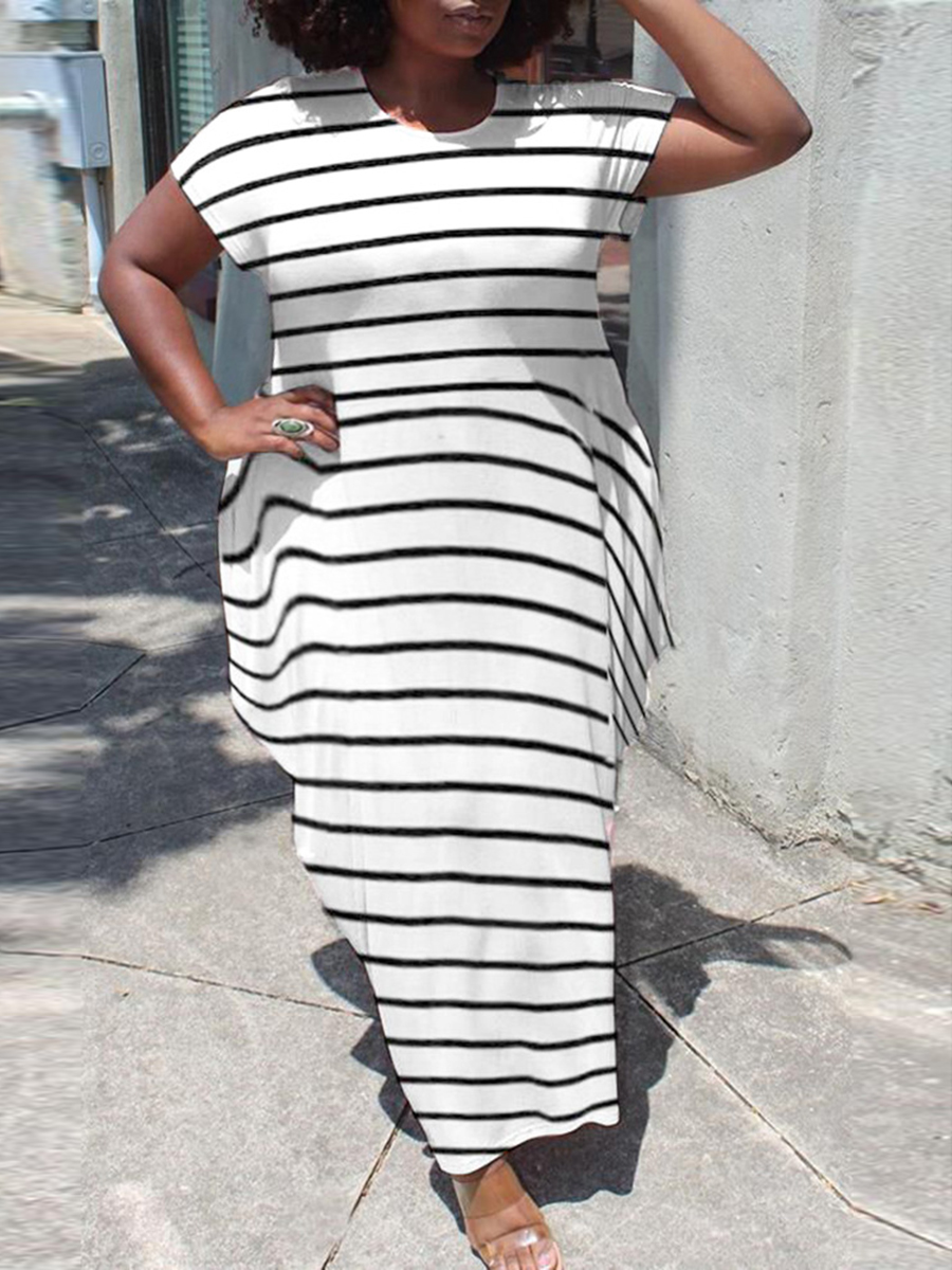 

Lovely Plus Size Casual Striped Asymmetrical White Ankle Length Dress