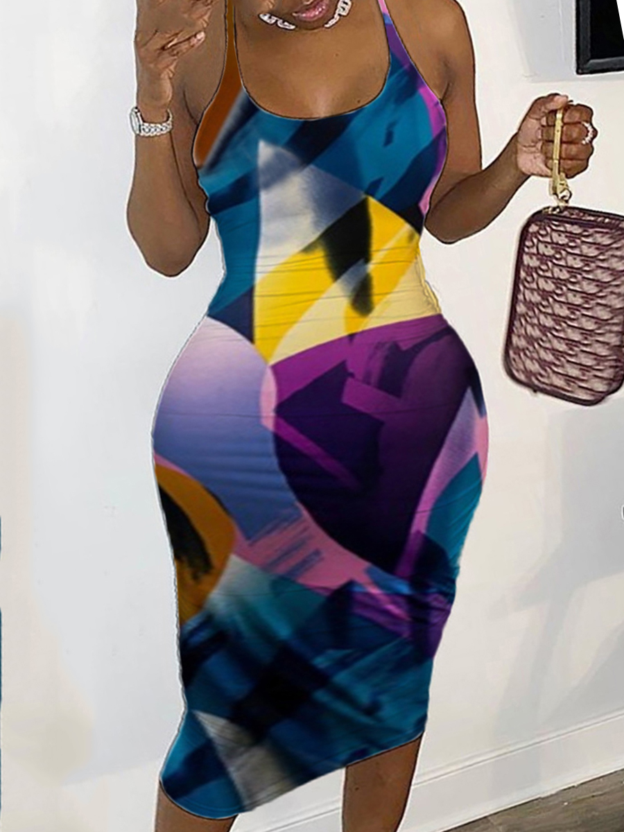 

Lovely Plus Size Casual Patchwork Hollow-out Blue Mid Calf Dress
