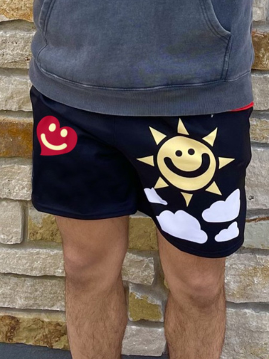 

Lovely Men Casual Mid Waist Sun Print Black Shorts