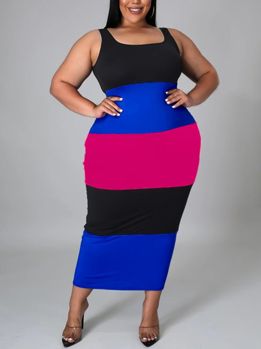

Lovely Plus Size Casual U Neck Patchwork Blue Ankle Length Dress