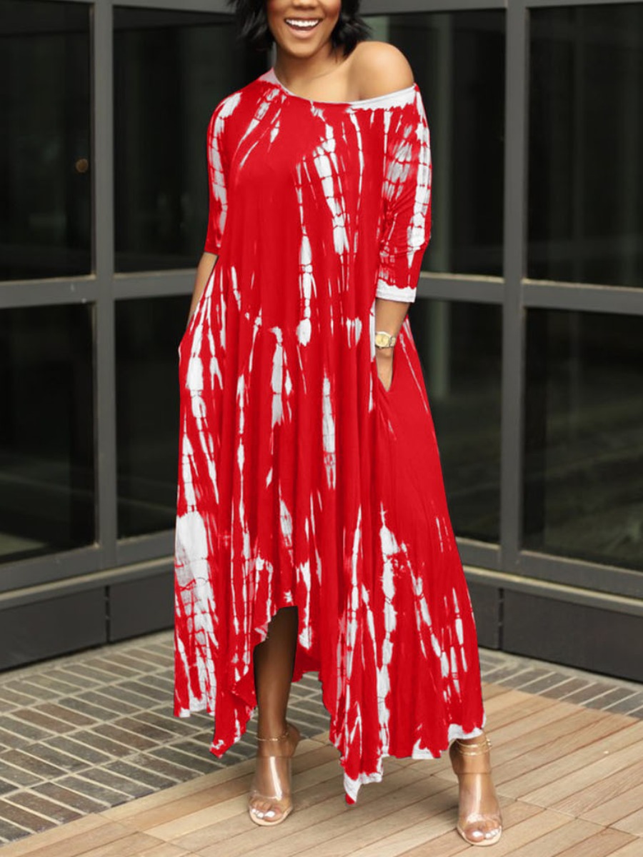 LovelyWholesale Plus Size Casual Tie-dye Asymmetrical Red Ankle Length Dress Summer Three Quarter Casual Basic Bateau Neck  4X Spring Summer 2024