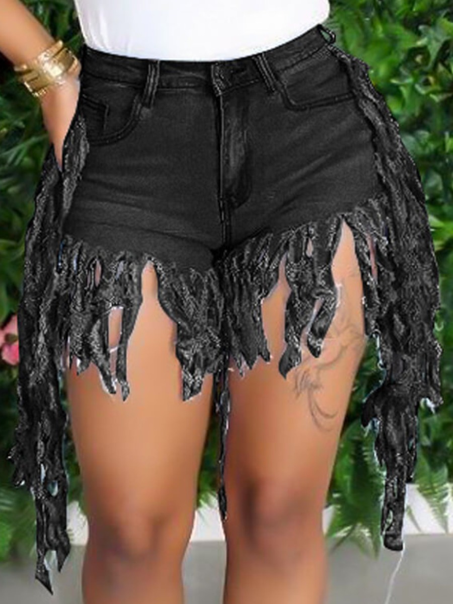 

LW Mid Waist Tassel Design Denim Shorts, Black