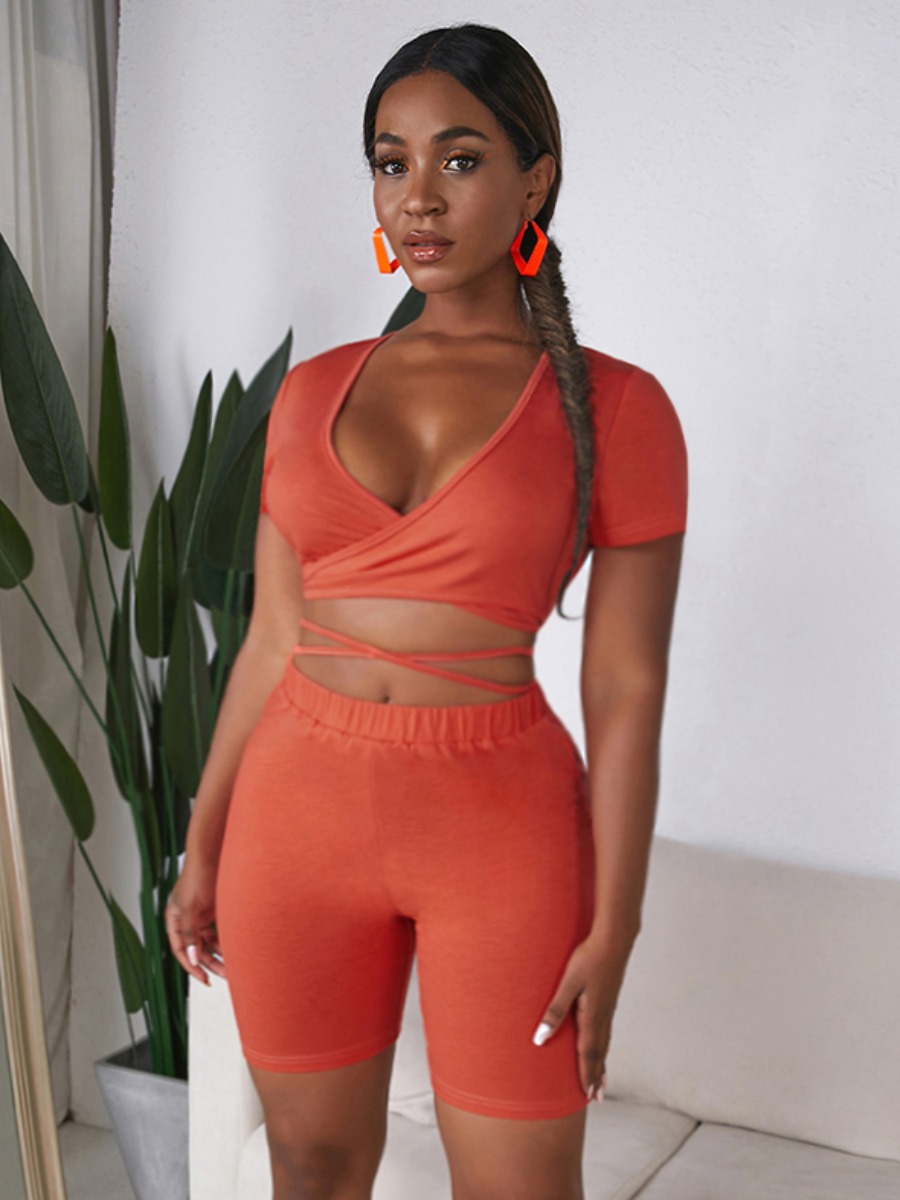 

LW COTTON Material Series V Neck Bandage Design Two Piece Shorts Set, Jacinth