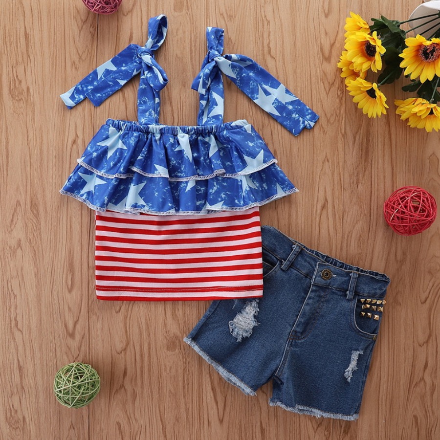 

Lovely Girl Boho Striped Flounce Design Blue Two Piece Shorts Set