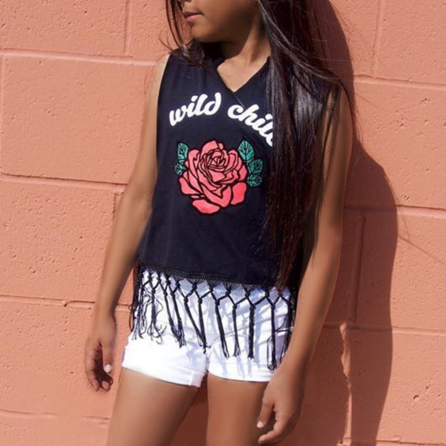 

Lovely Girl Boho Floral Letter Print Tassel Design Black Two Piece Shorts Set