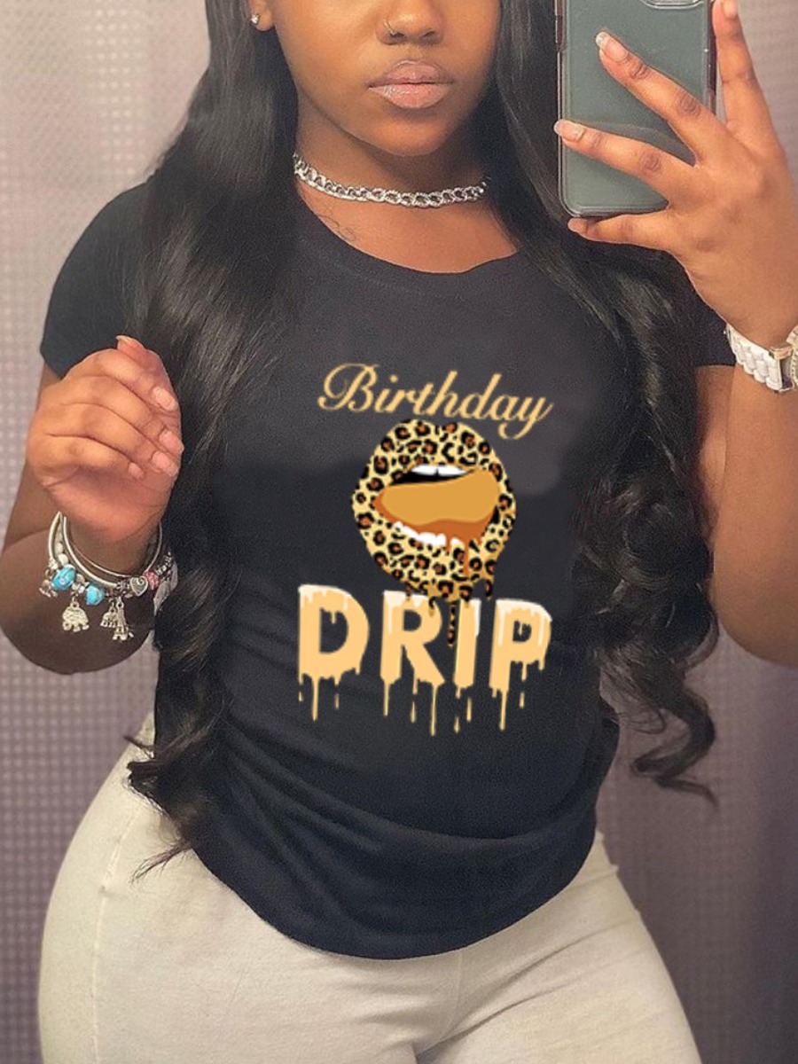 

Lovely Casual Letter Lip Print Black T-shirt