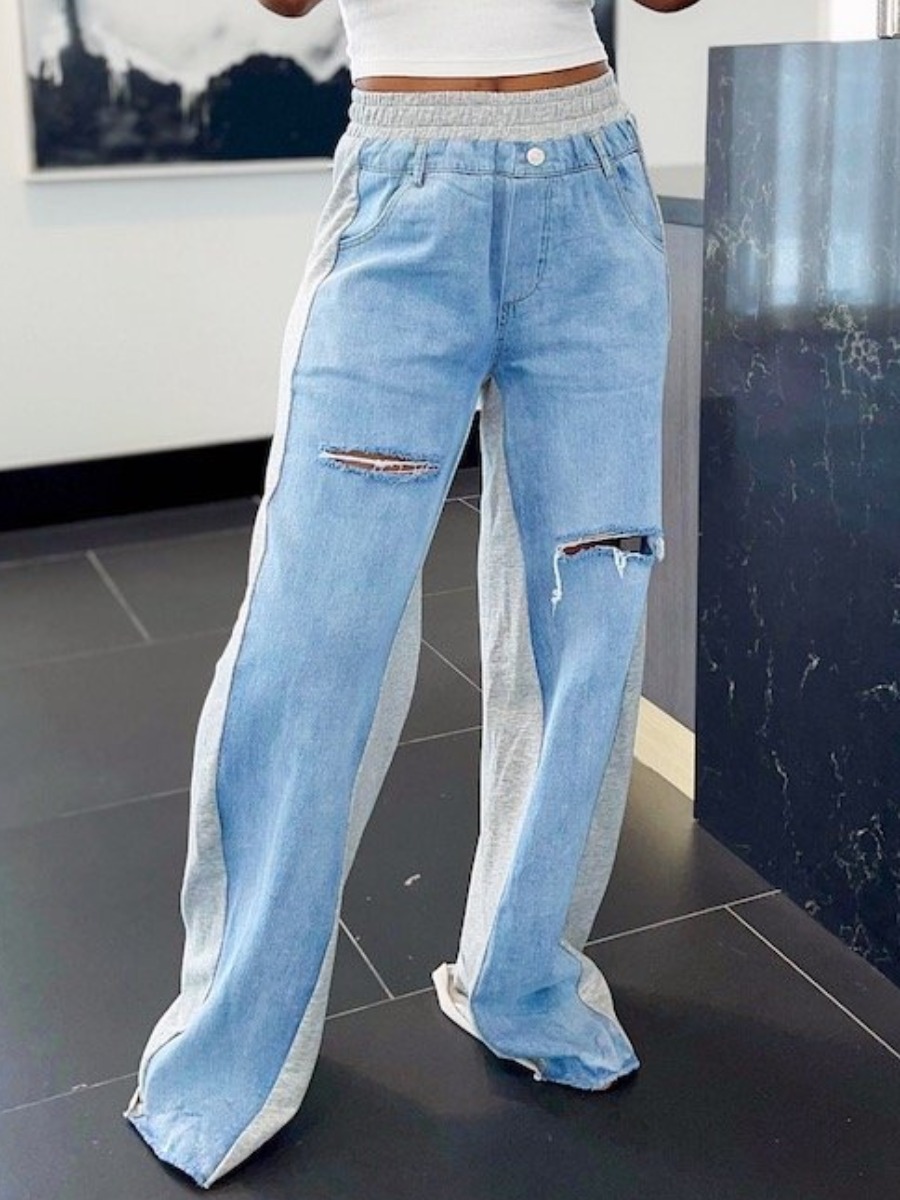 

Lovely Casual Patchwork Broken Holes Blue Jeans