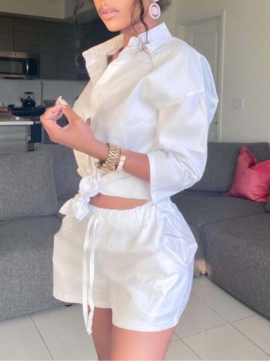 

LW Casual Turndown Collar Drawstring White Two Piece Shorts Set