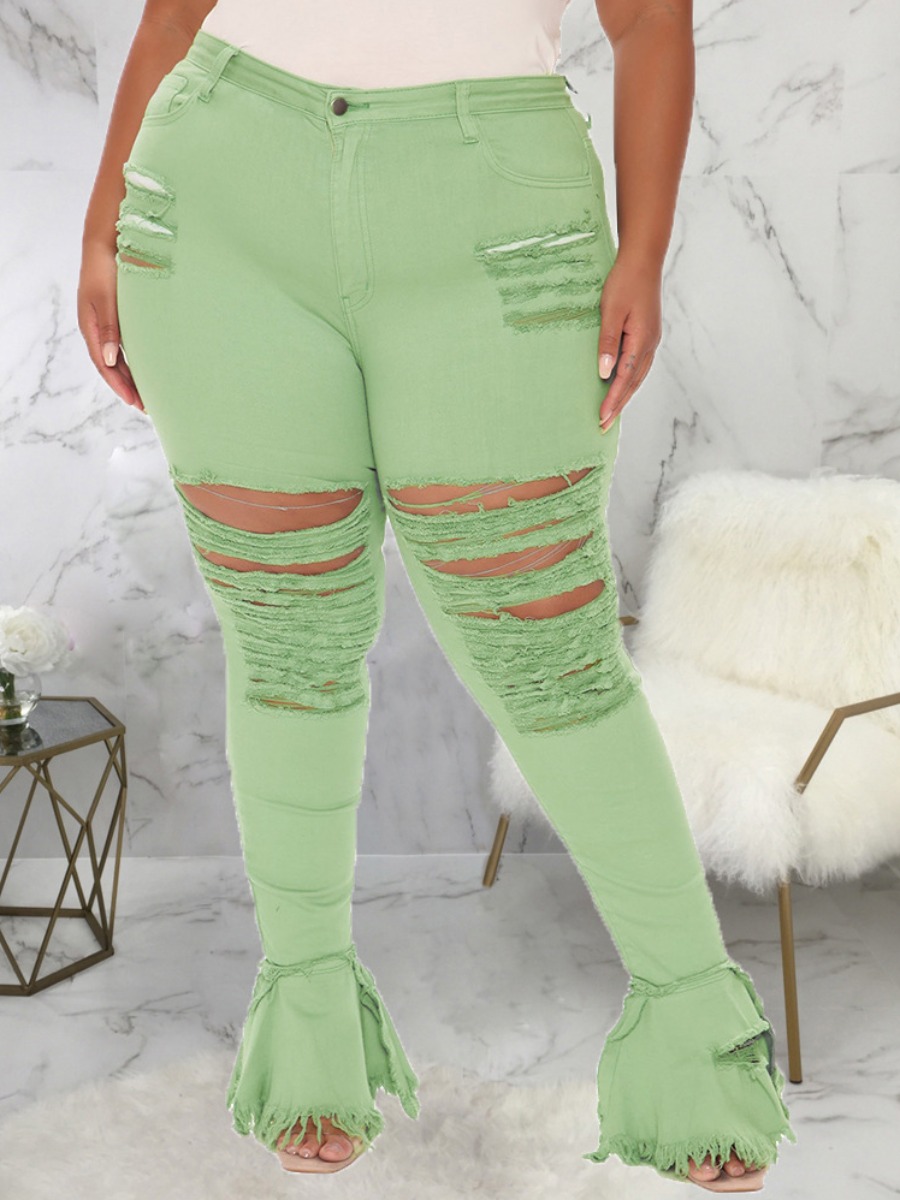 

LW Plus Size Street High-waisted Broken Holes Light Green Jeans