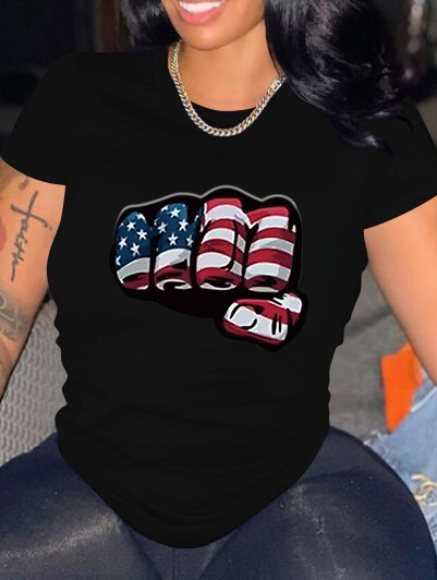 

LW Plus Size Street Round Neck American Flag Print Black T-shirt