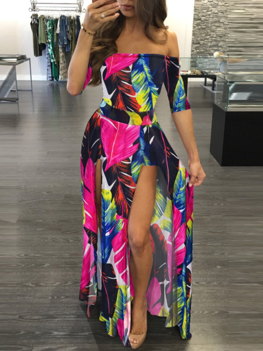 

Lovely Boho Floral Print Slit Rose Red Floor Length Dress