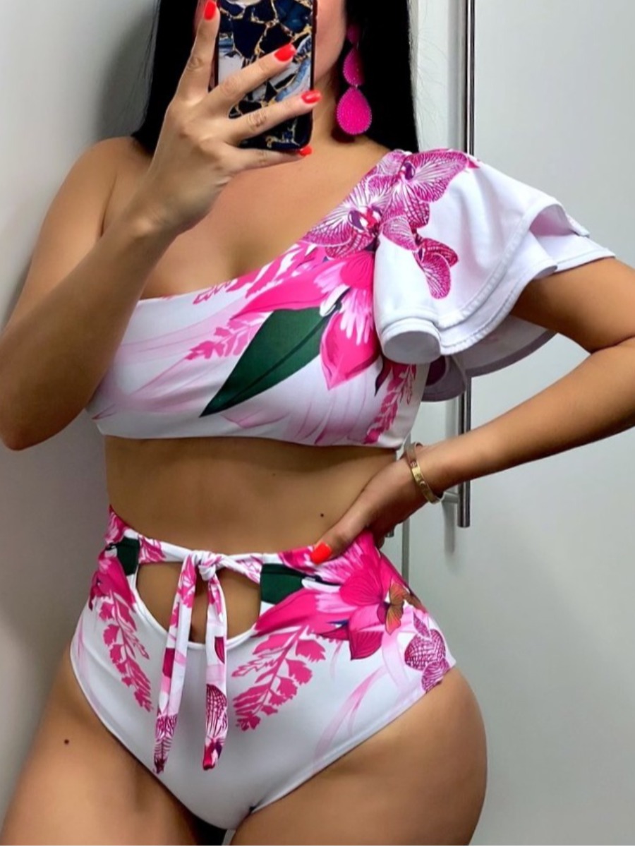 

Lovely Boho One Shoulder Floral Print Flounce Design Rose Red Tankini