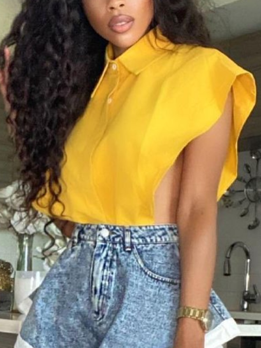 

Lovely Street Turndown Collar Asymmetrical Yellow Blouse
