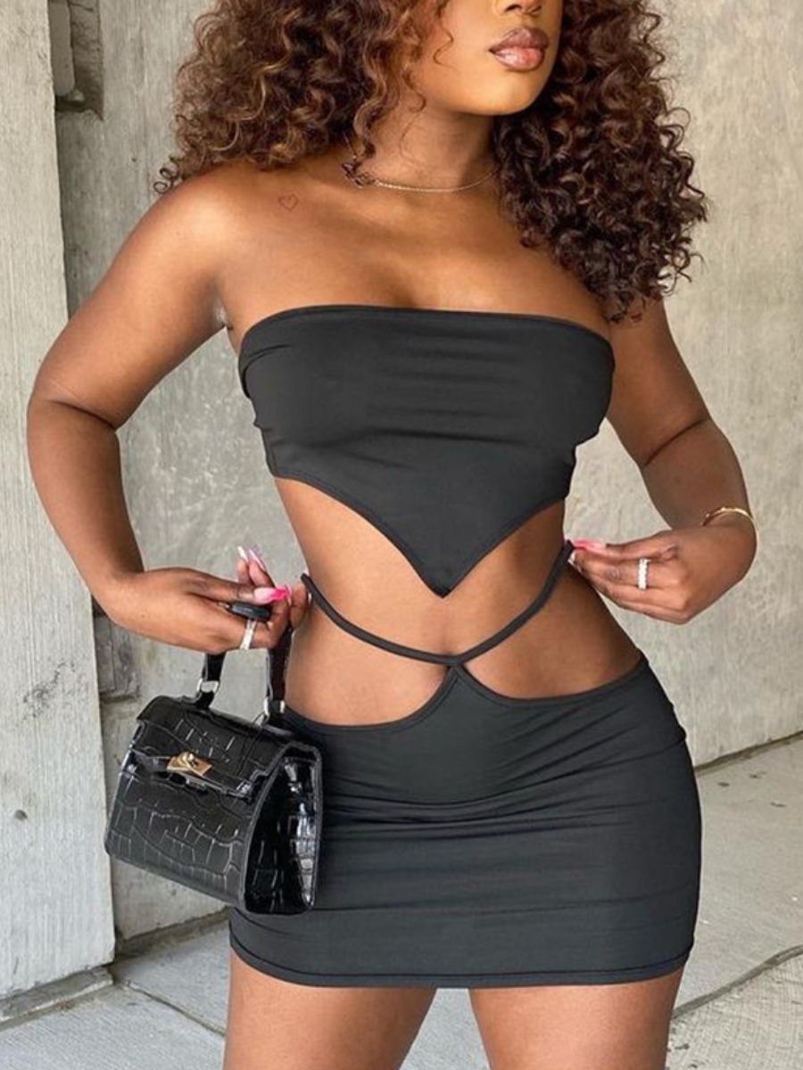 

Lovely Sexy Off The Shoulder Hollow-out Black Two Piece Skirt Set