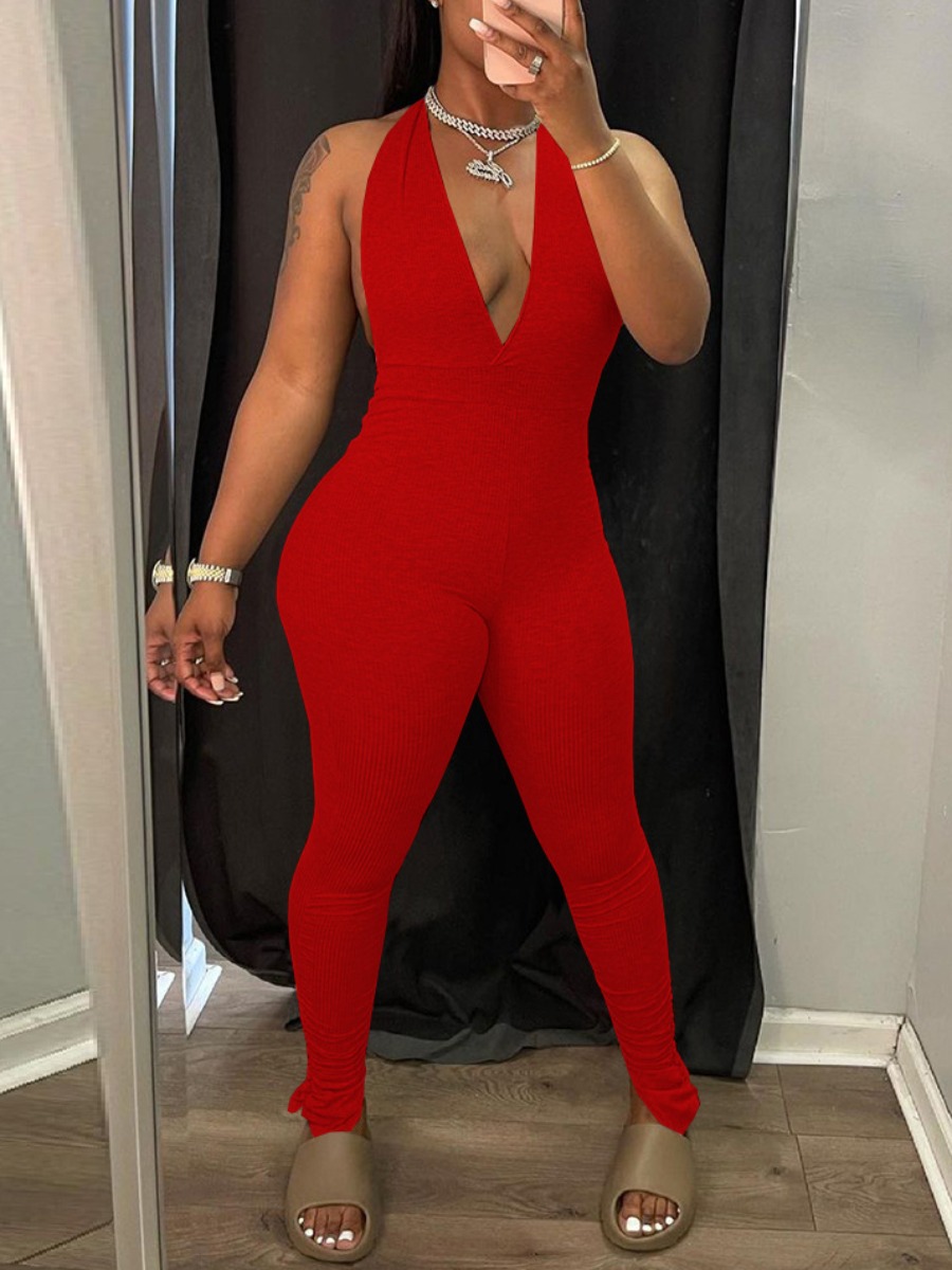 

Lovely Sexy Backless Skinny Red One-piece Jumpsuit