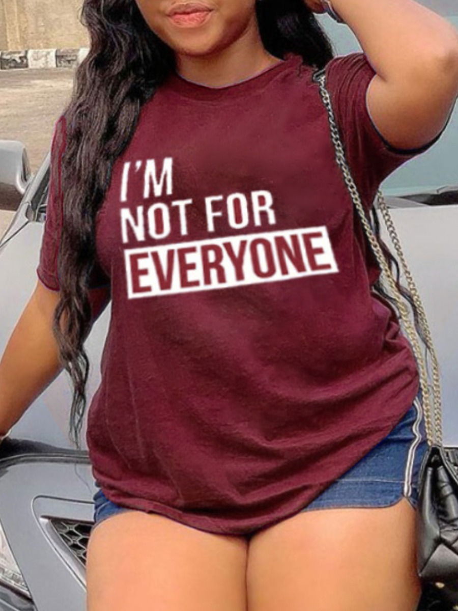 

Lovely Plus Size Casual Round Neck Letter Print Red T-shirt