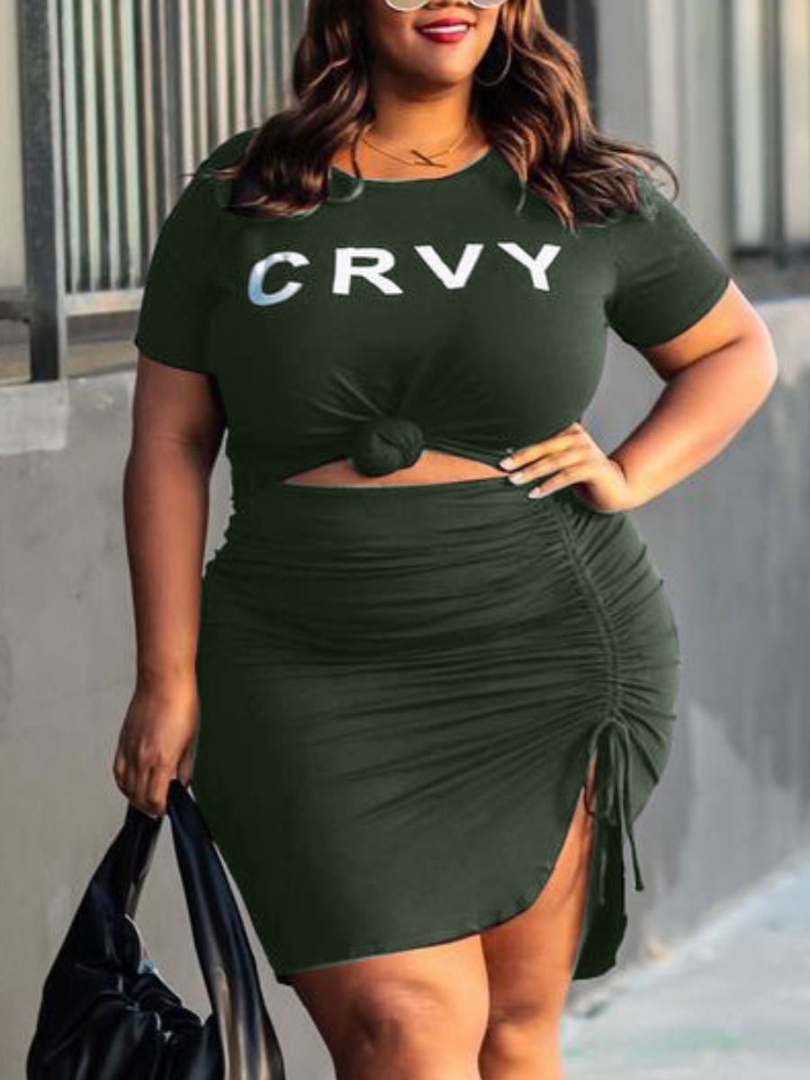 

Lovely Plus Size Casual Letter Print Drawstring Green Two-piece Skirt Set