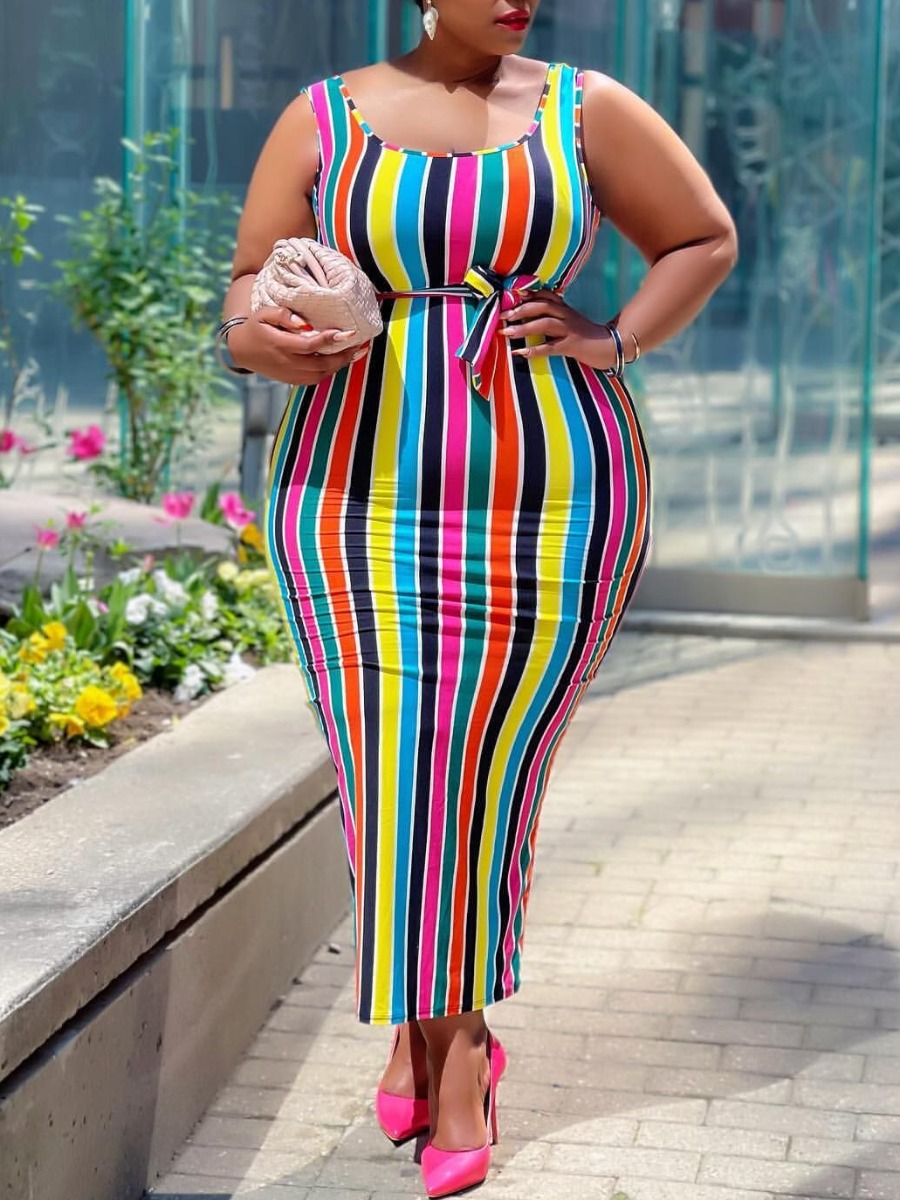 

Lovely Plus Size Boho U Neck Striped Multicolor Ankle Length Dress, Multicolor mstn