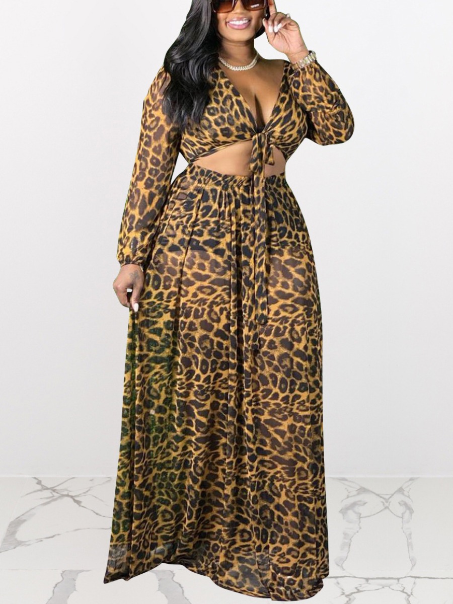 

LW Plus Size Boho Leopard Print Bandage Design Two-piece Skirt Set