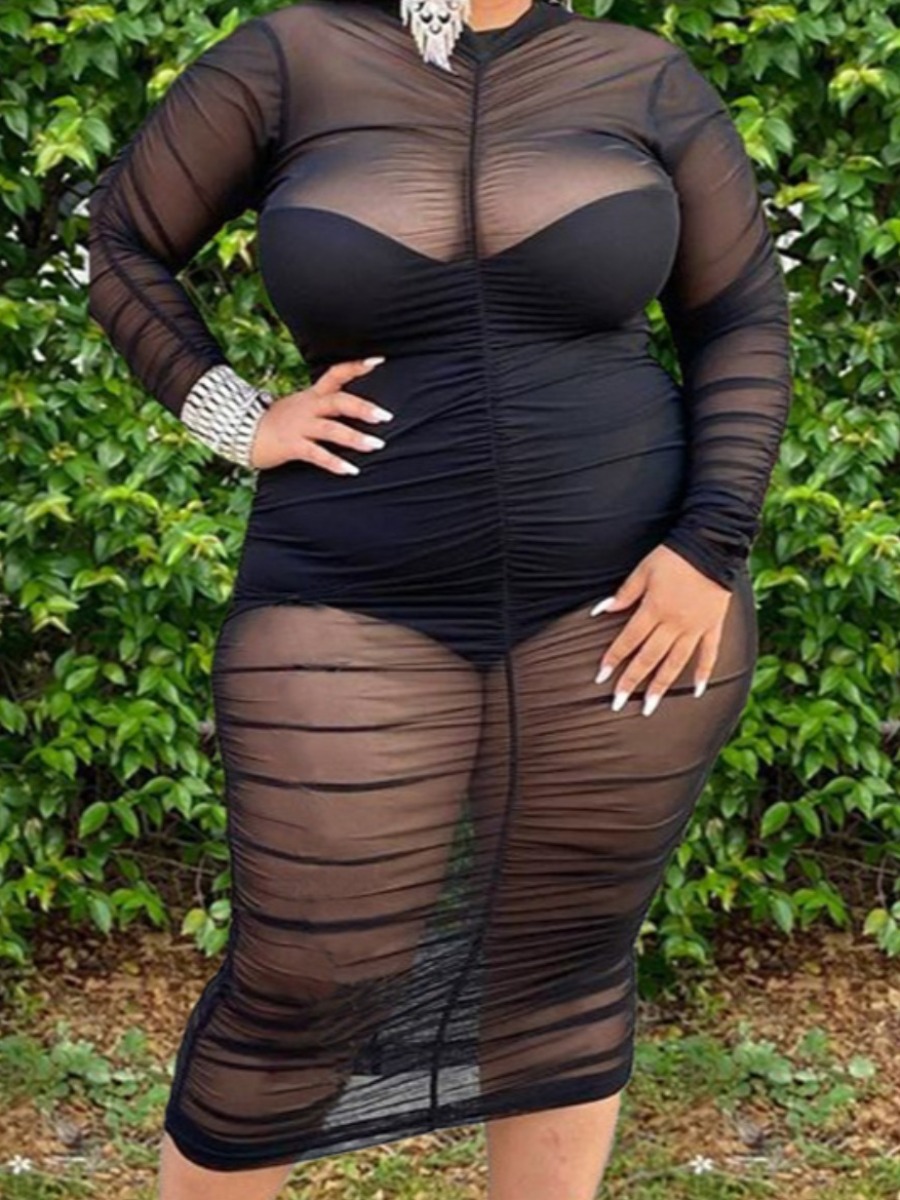 

Lovely Sexy See-through Ruched Black Two Piece Skirt Set