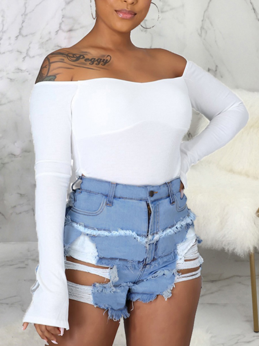 

LW Street High-waisted High Stretchy Raw Edge Baby Blue Denim Shorts