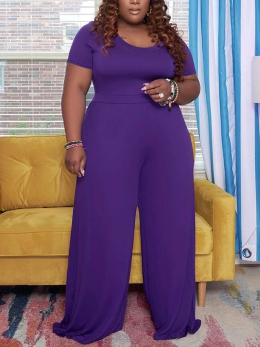 

Lovely Plus Size Casual Round Neck Wide Leg Purple One-piece Jumpsuit