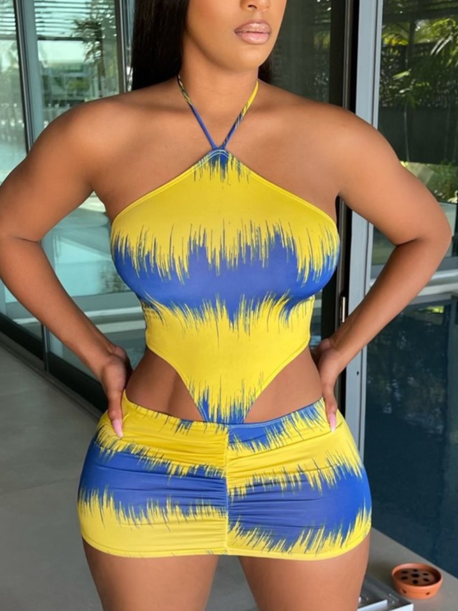 

Lovely Sexy Off The Shoulder Tie-dye Hollow-out Yellow Mini Dress