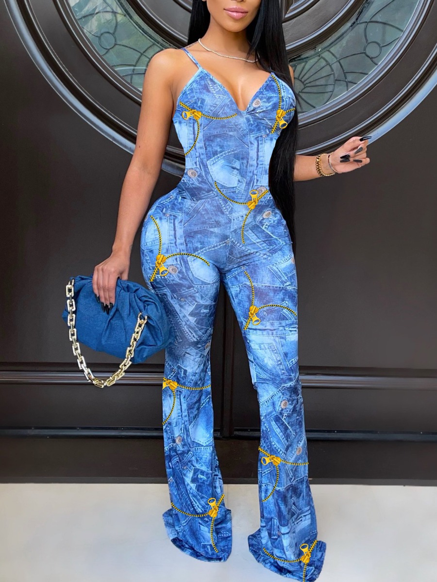 

LW Street Mixed Print Spaghetti Strap Blue One-piece Romper