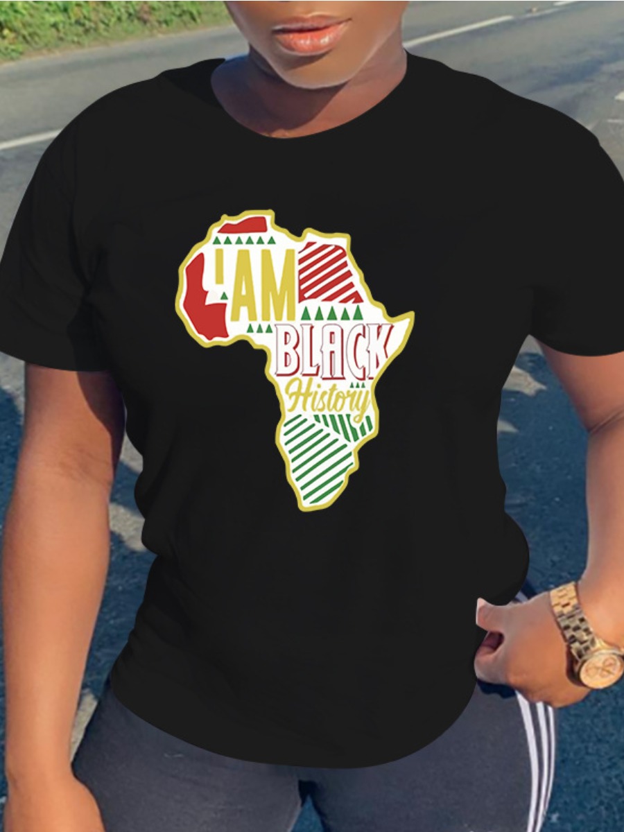 

Lovely Street Africa Letter Print Black T-shirt, White