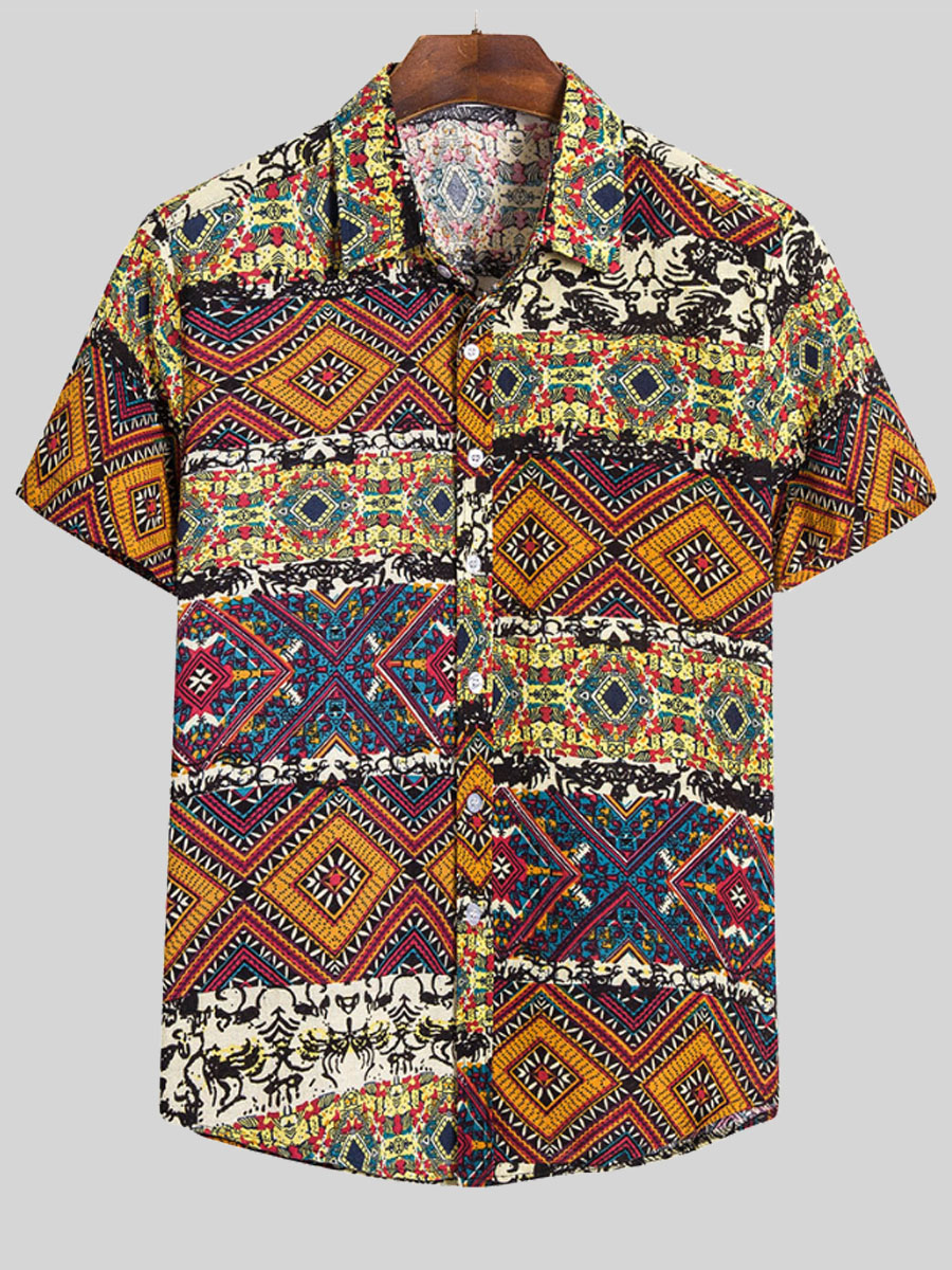 

Lovely Men Boho Geometric Print Patchwork Yellow Shirt