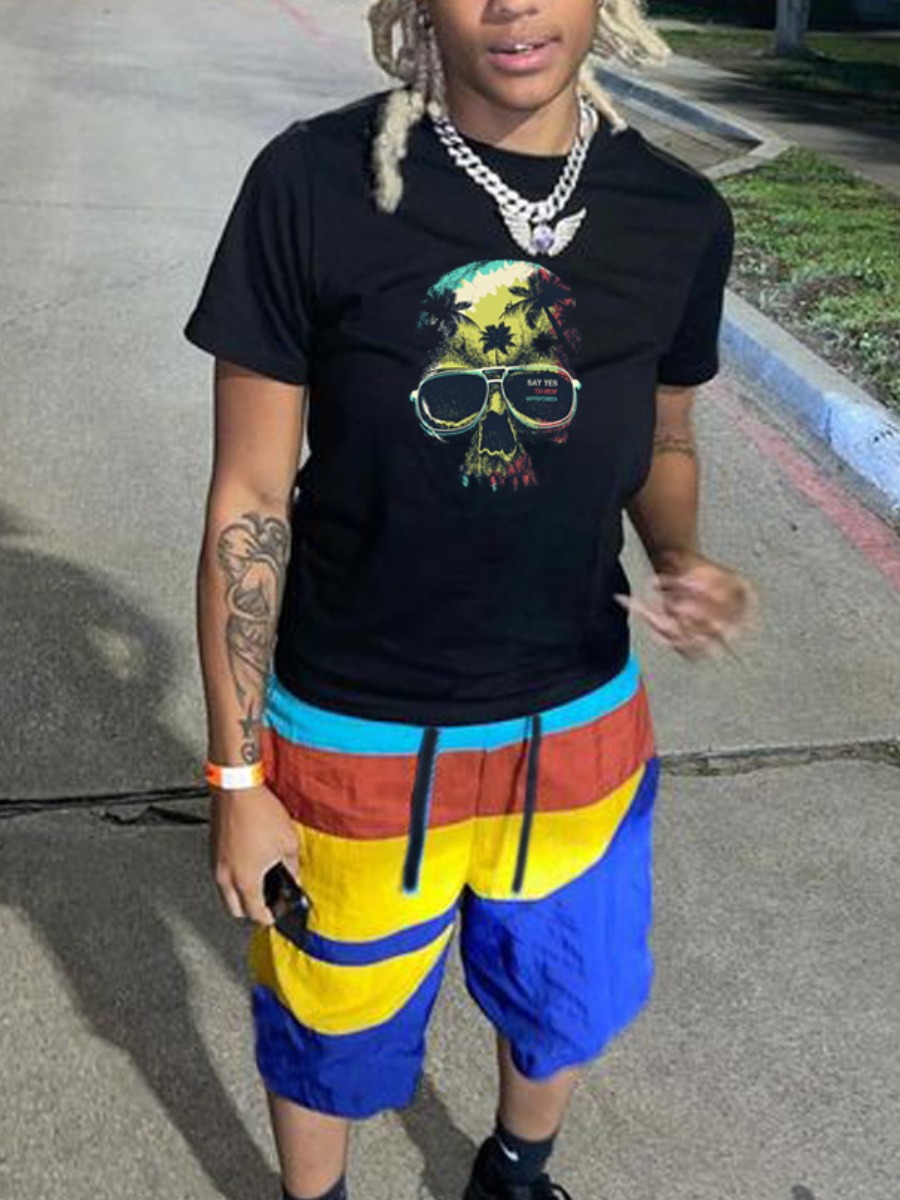 

Lovely Men Casual Letter Print Patchwork Black Two Piece Shorts Set