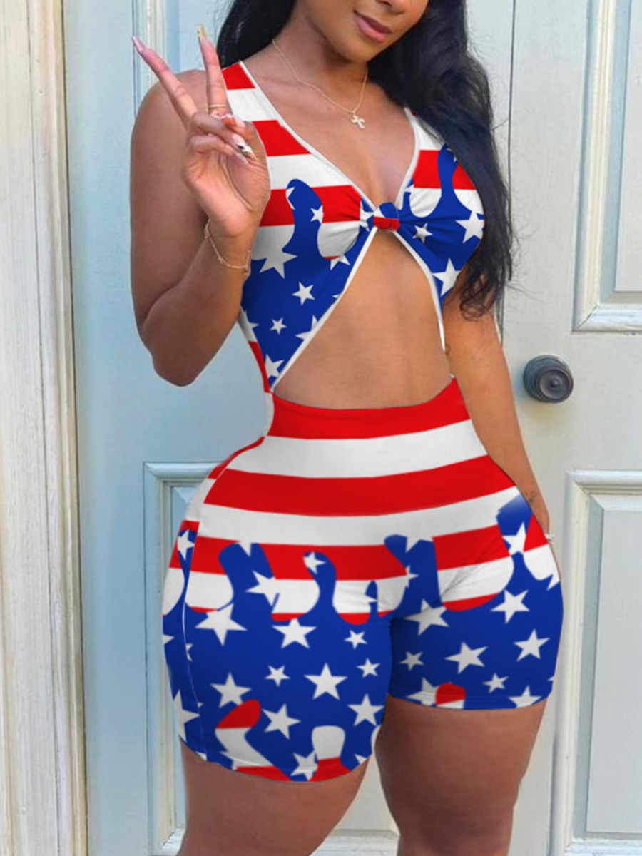 

LW Plus Size Street American Flag Print Knot Design Blue One-piece Romper