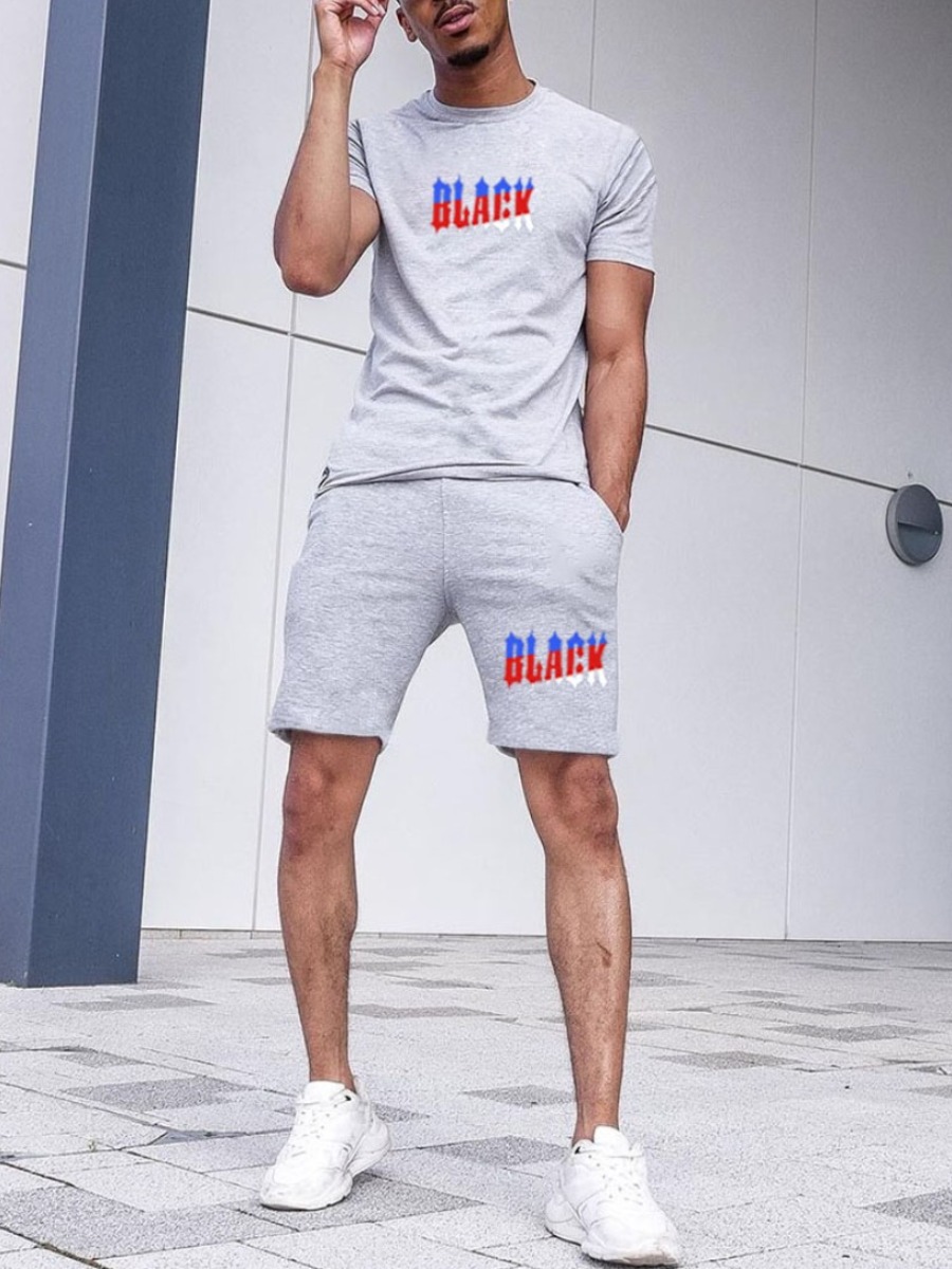 

Lovely Men Street Round Neck Letter Print Grey Two Piece Shorts Set