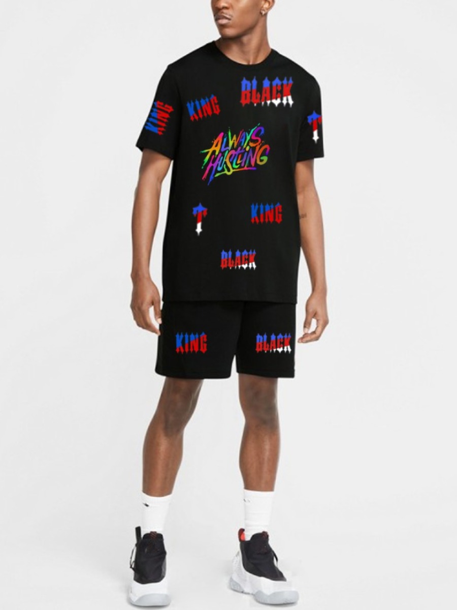 

Lovely Men Street Round Neck Letter Print Black Two Piece Shorts Set