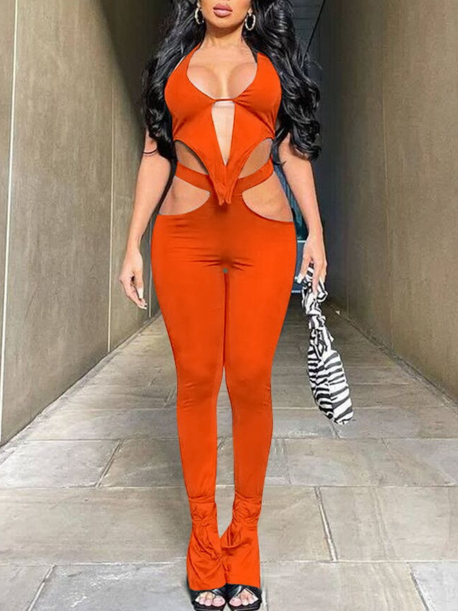 

Lovely Sexy Backless Hollow-out Jacinth Two Piece Pants Set
