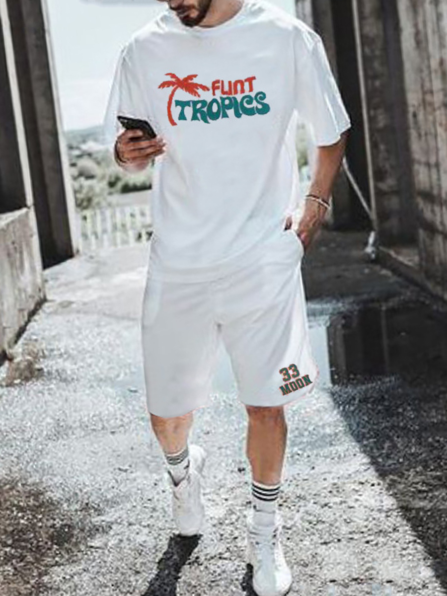 

LW Men Casual Round Neck Letter Print White Two Piece Shorts Set