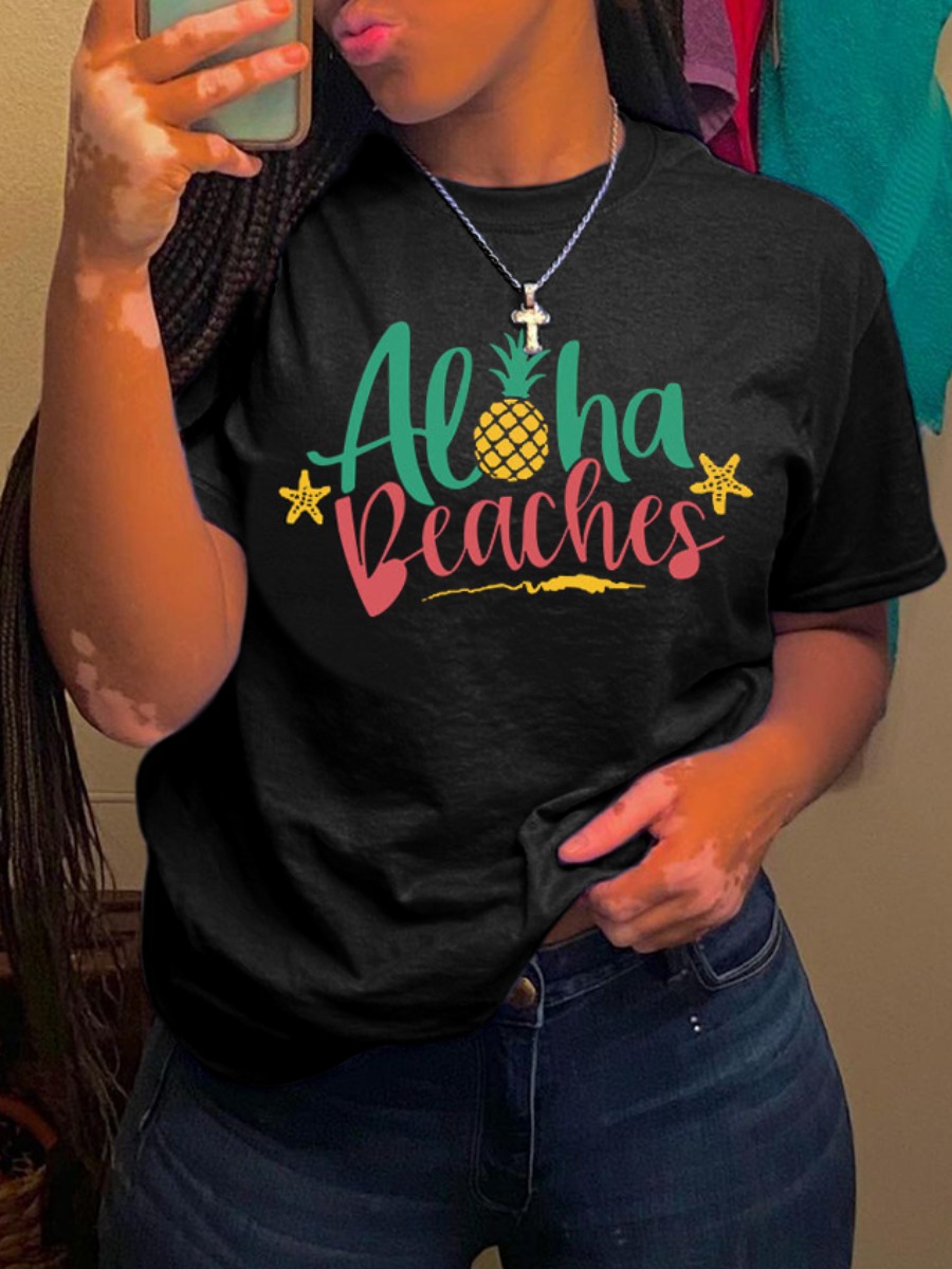 

Lovely Casual Fruit Letter Print Black T-shirt