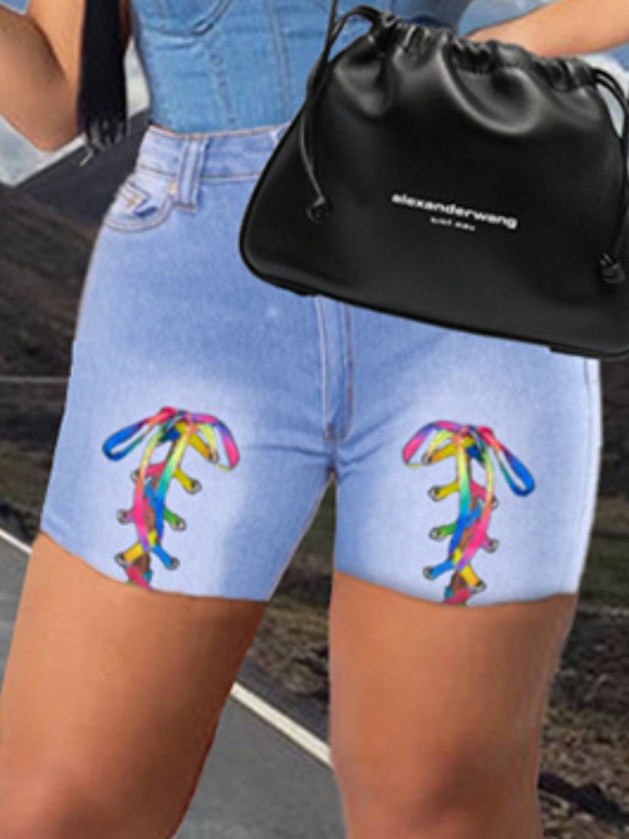 

LW Street Mid Waist Bandage Design Baby Blue Denim Shorts