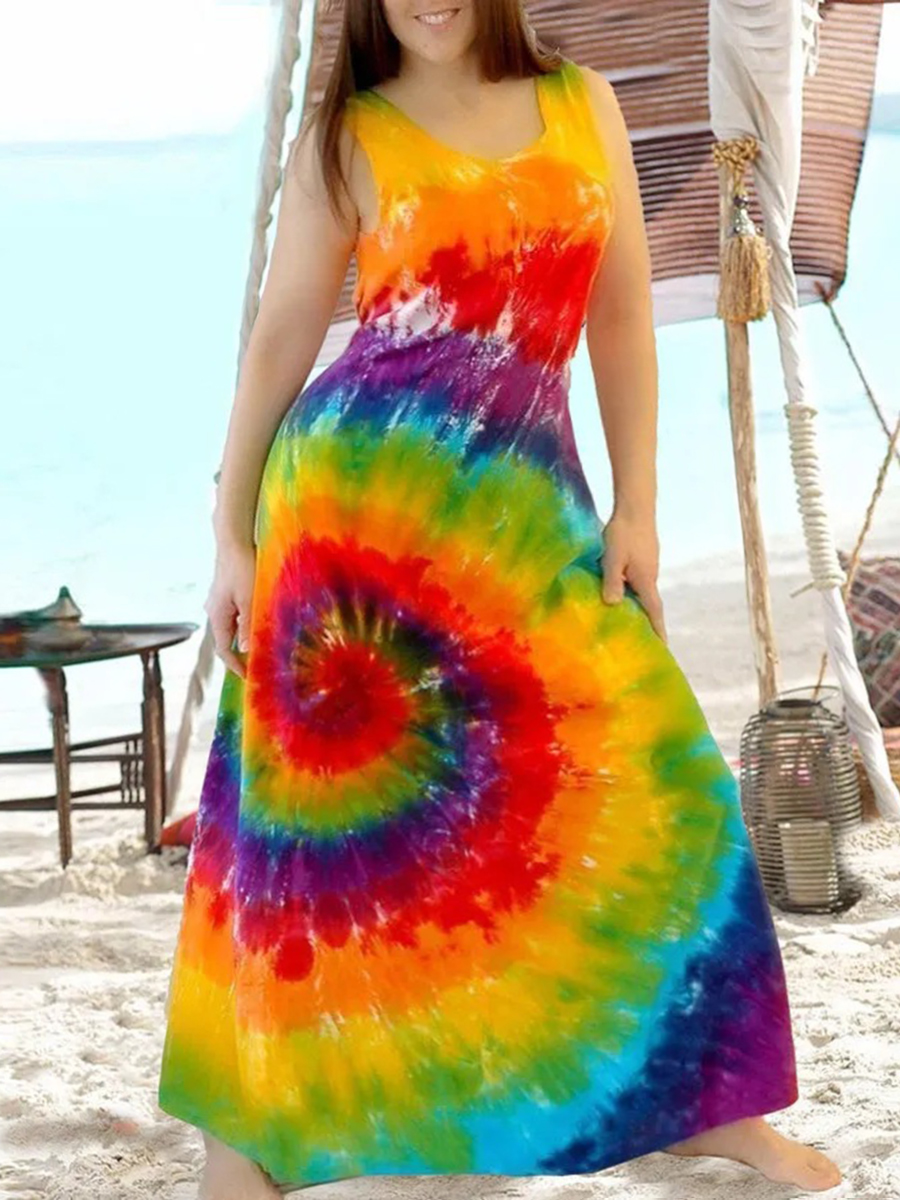 

Lovely Plus Size Boho U Neck Tie-dye Multicolor Ankle Length Dress, Multi