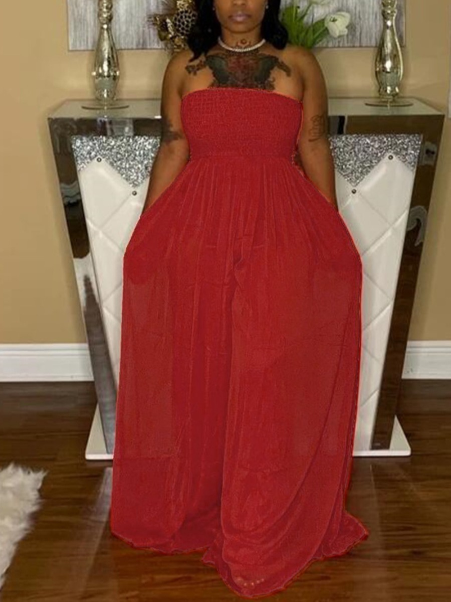 

LW Casual Off The Shoulder Shirred Wide Leg Red One-piece Jumpsuit