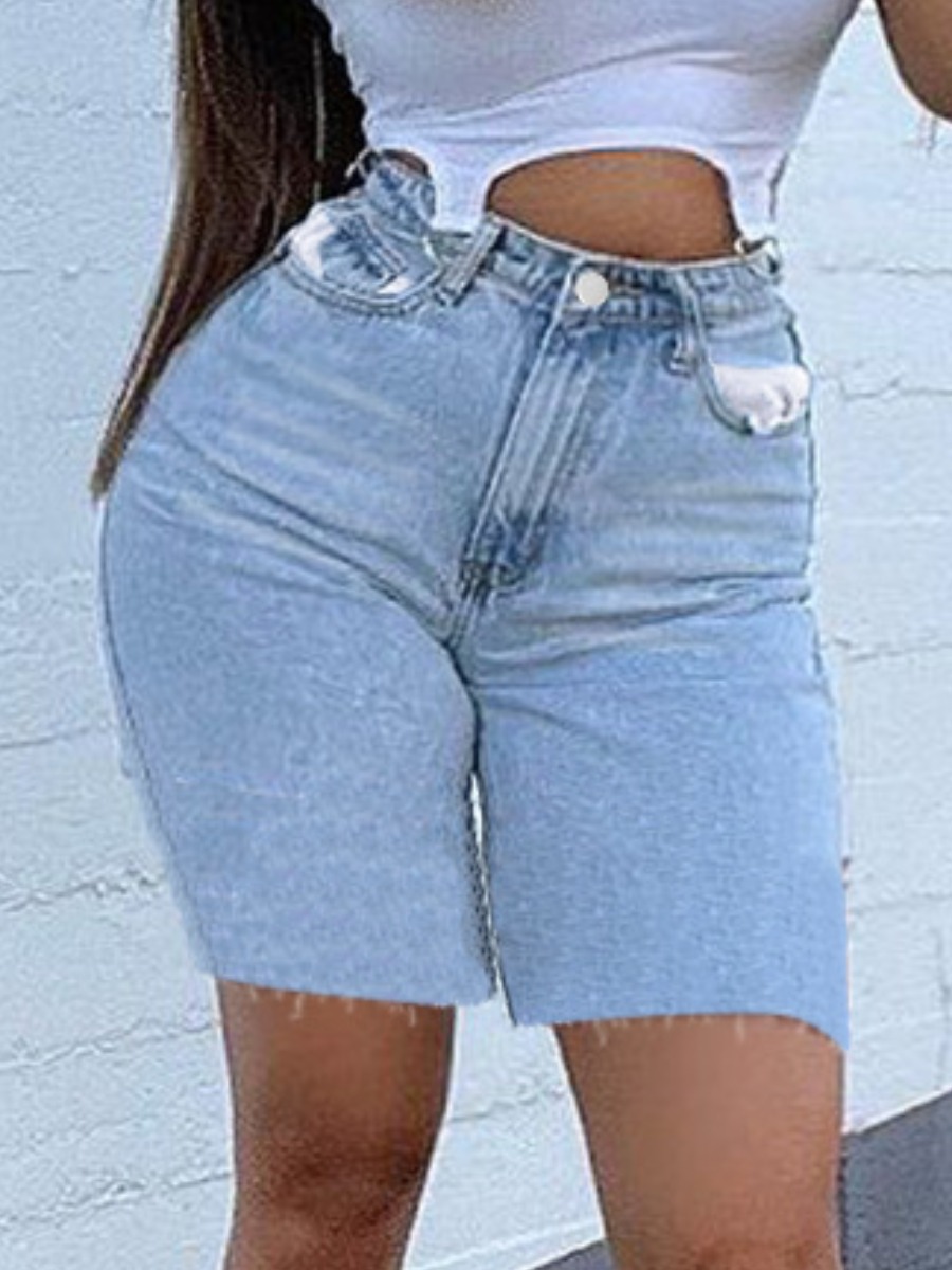 

Lovely Casual High-waisted Raw Edge Baby Blue Denim Shorts