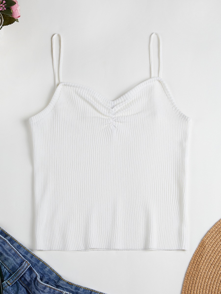 

Lovely Casual Spaghetti Strap Rib-Knit Ruched White Camisole