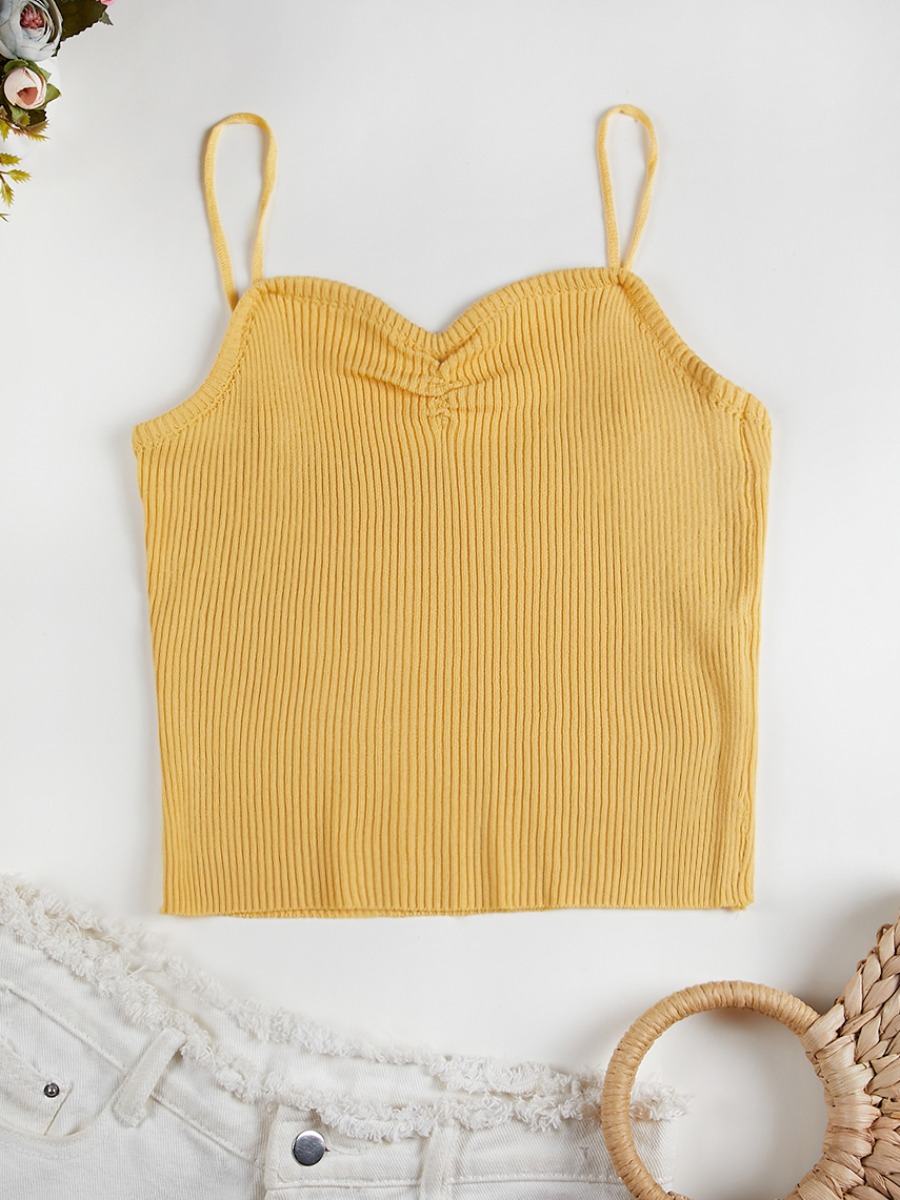 

Lovely Casual Spaghetti Strap Rib-Knit Ruched Yellow Camisole