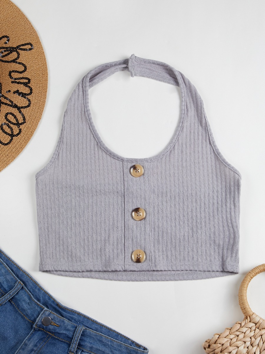 

Lovely Casual Rib-Knit Button Design Grey Camisole