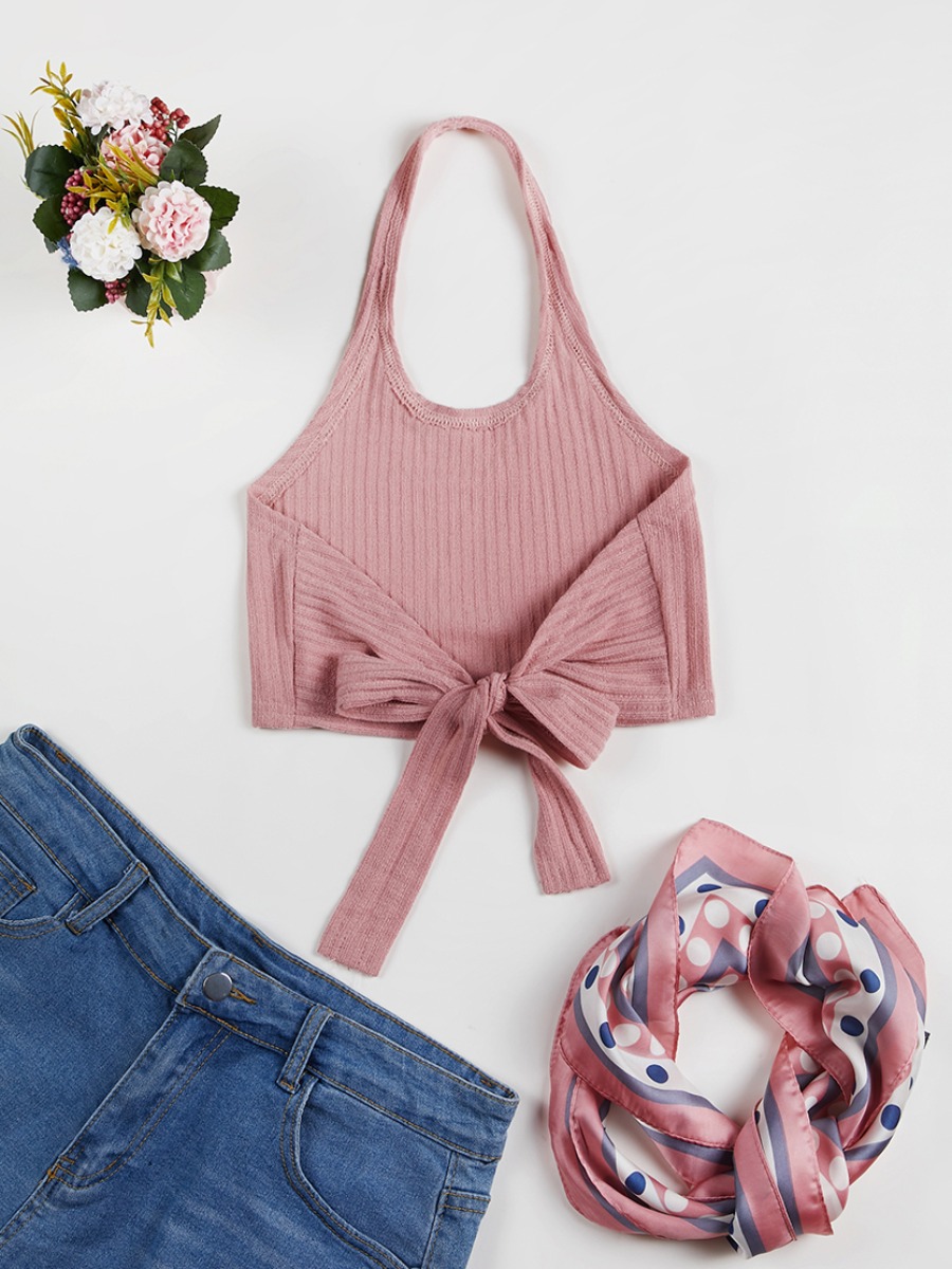 

Lovely Casual Rib-Knit Backless Bandage Design Pink Camisole