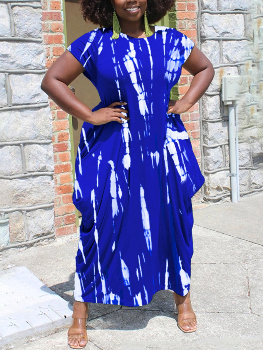 

Lovely Plus Size Casual Round Neck Tie-dye Blue Ankle Length Dress