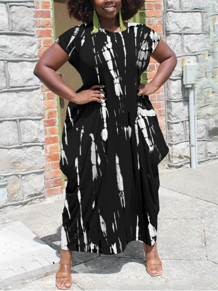 

LW Plus Size Casual Round Neck Tie-dye Black Ankle Length Dress